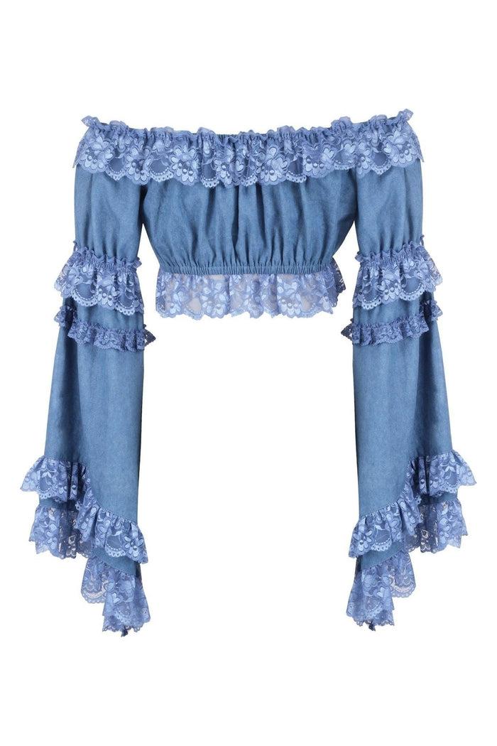 Daisy Beachwear Blue Denim Smocked Flare Sleeve Peasant Top