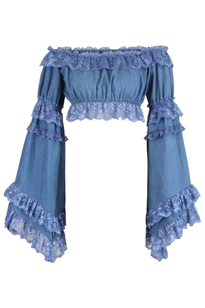daisy beachwear Blue Denim Smocked Flare Sleeve Peasant Top