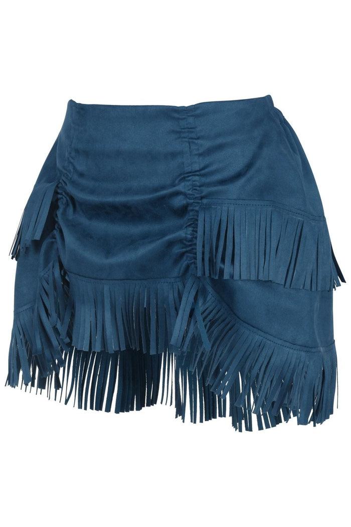 Daisy Beachwear Blue Suede Ruched Bustle Skirt W/Fringe