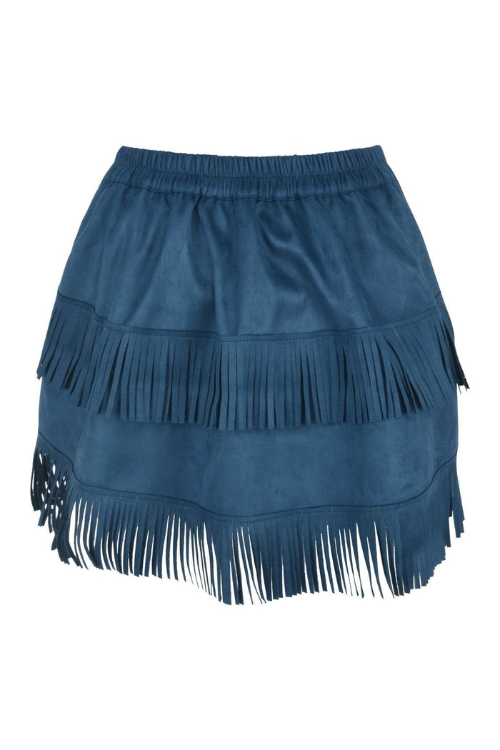 Daisy Beachwear Blue Suede Ruched Bustle Skirt W/Fringe
