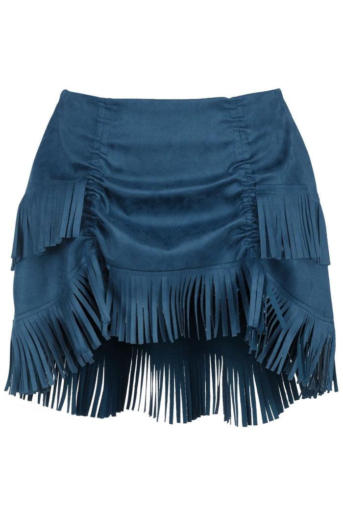 daisy beachwear Blue Suede Ruched Bustle Skirt w/Fringe