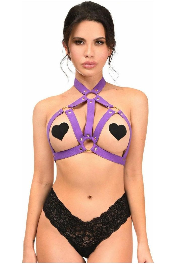 daisy beachwear BOXED Dark Purple Stretchy Body Harness w/Gold Hardware