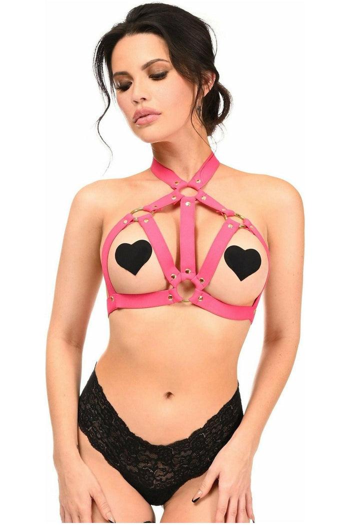 daisy beachwear BOXED Hot Pink Stretchy Body Harness w/Gold Hardware