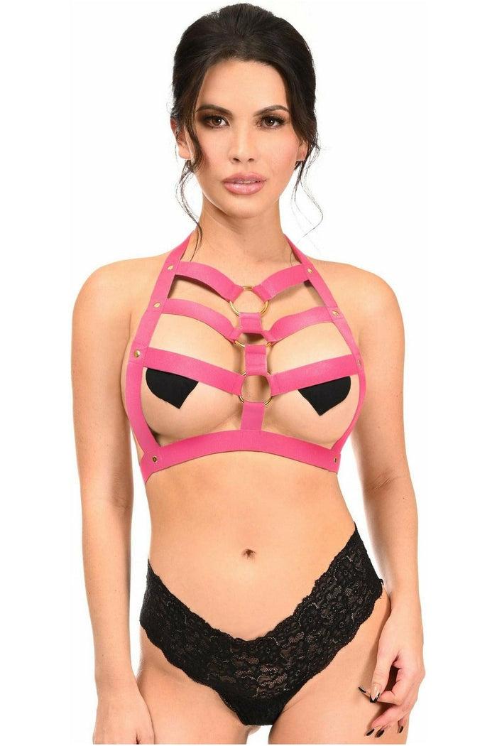 daisy beachwear BOXED Hot Pink Stretchy Body Harness w/Gold Hardware