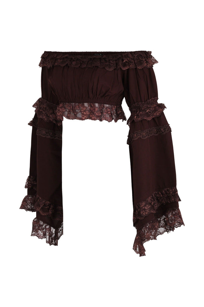 Daisy Beachwear Brown Smocked Flare Sleeve Peasant Top