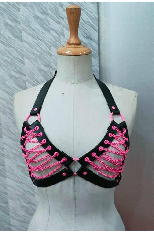 daisy beachwear Candy Collection - Pink Chain Lace-Up Bra Top Harness