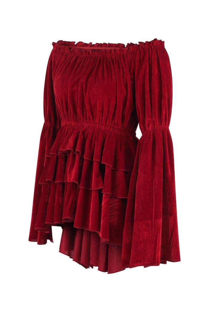 Daisy Beachwear Dark Red Velvet Ruffle Dress