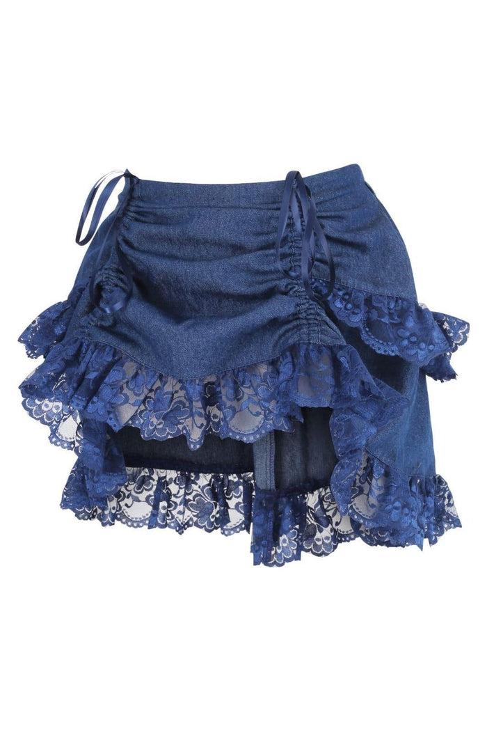Daisy Beachwear Dark Blue Denim Ruched Bustle Skirt W/Lace