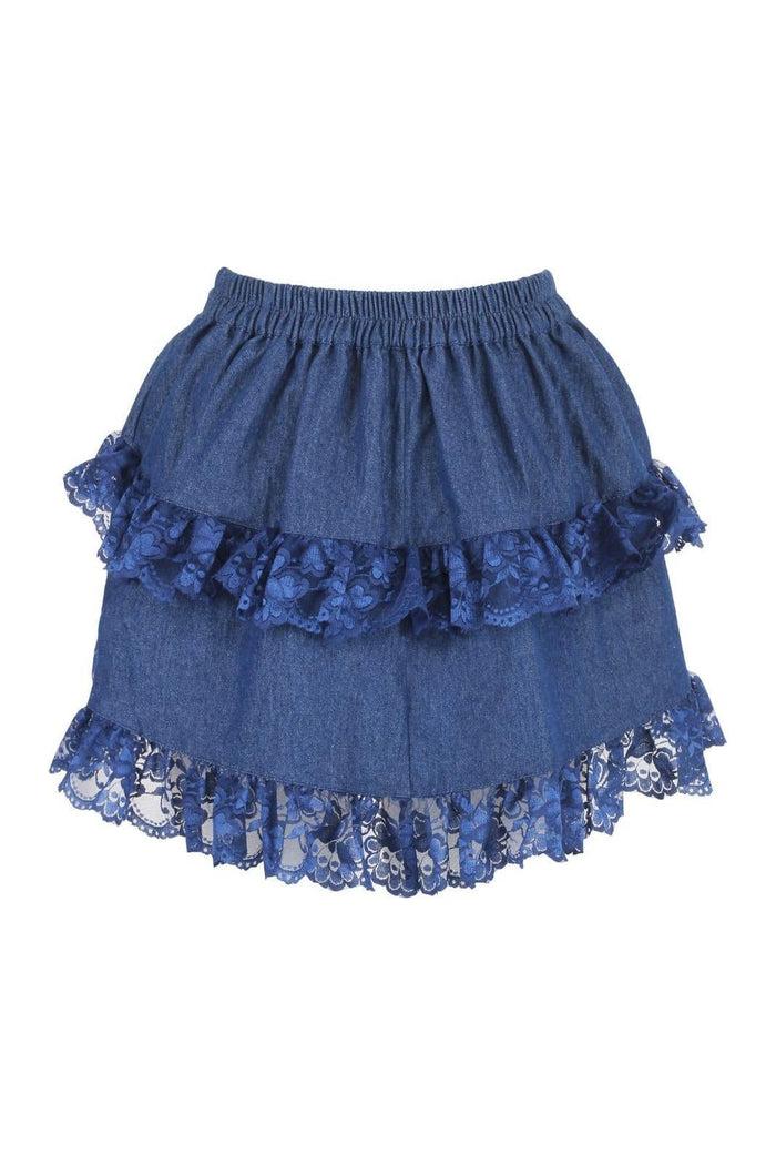 Daisy Beachwear Dark Blue Denim Ruched Bustle Skirt W/Lace
