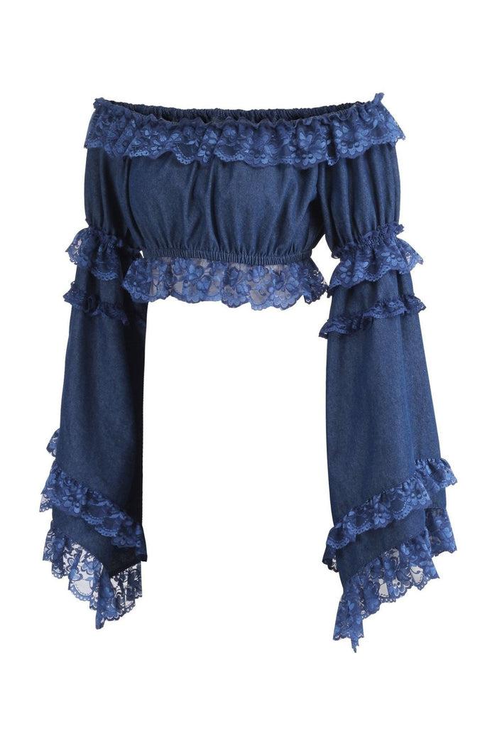 Daisy Beachwear Dark Blue Denim Smocked Flare Sleeve Peasant Top