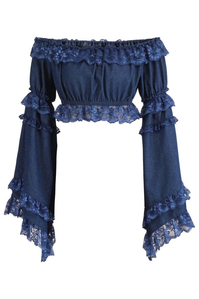 daisy beachwear Dark Blue Denim Smocked Flare Sleeve Peasant Top