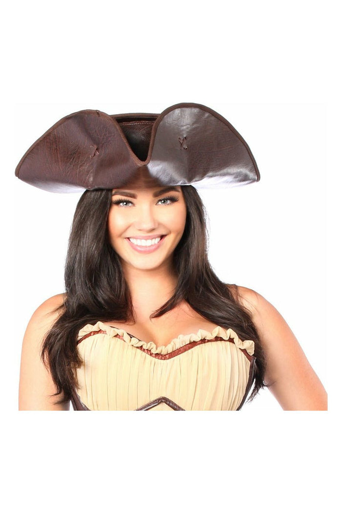 daisy beachwear Dark Brown Distressed Faux Leather Pirate Hat
