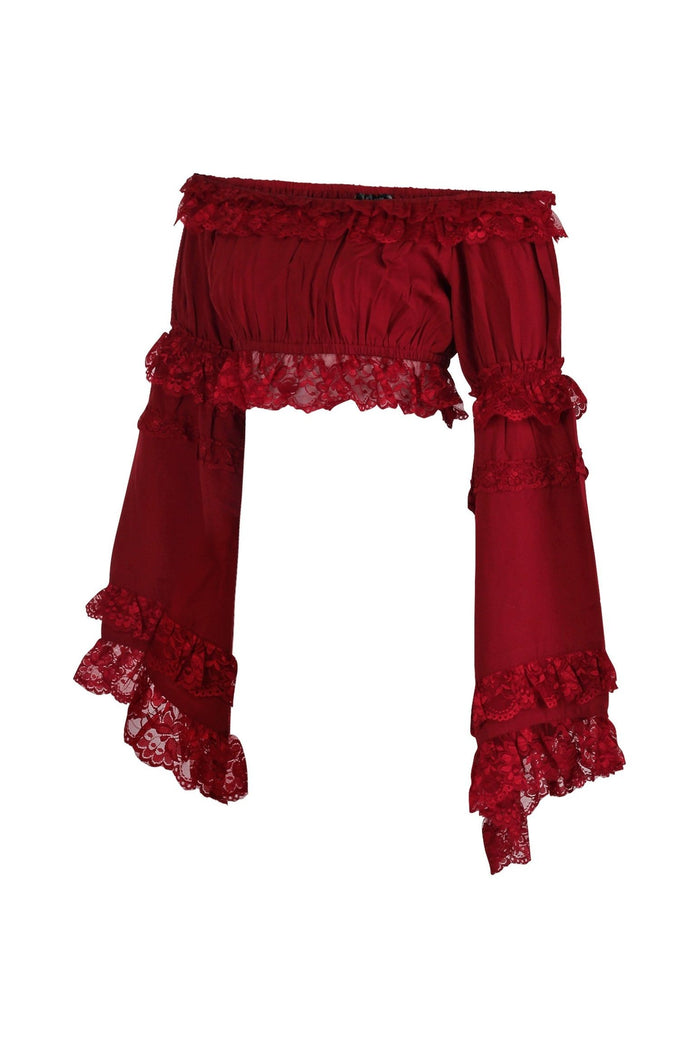 Daisy Beachwear Dark Red Smocked Flare Sleeve Peasant Top