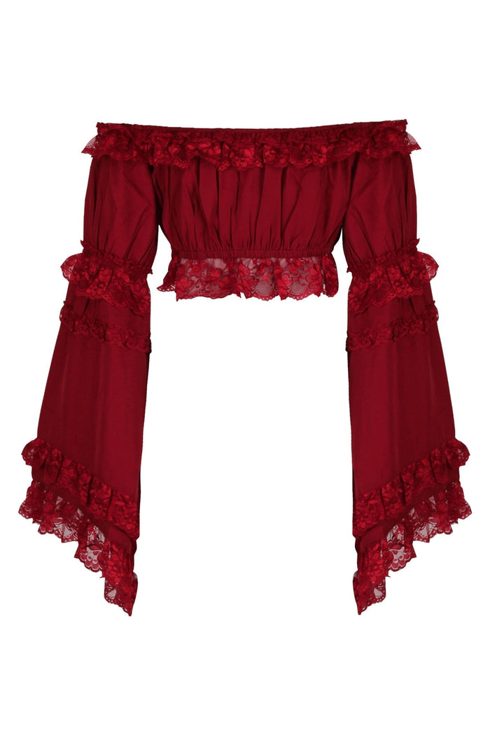 Daisy Beachwear Dark Red Smocked Flare Sleeve Peasant Top