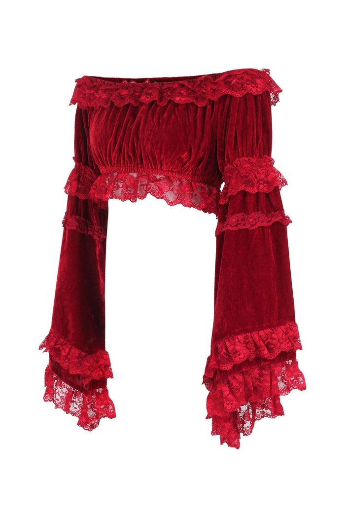 Daisy Beachwear Dark Red Velvet Smocked Flare Sleeve Peasant Top