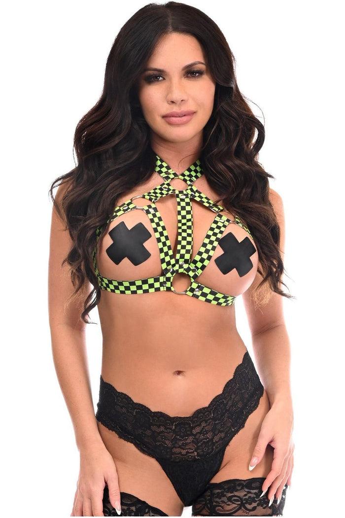 daisy beachwear Green Checker Stretchy Body Harness w/Silver Hardware