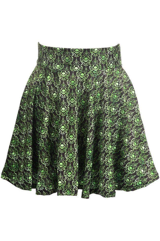daisy beachwear Green Skulls Gothic Print Stretch Lycra Skirt