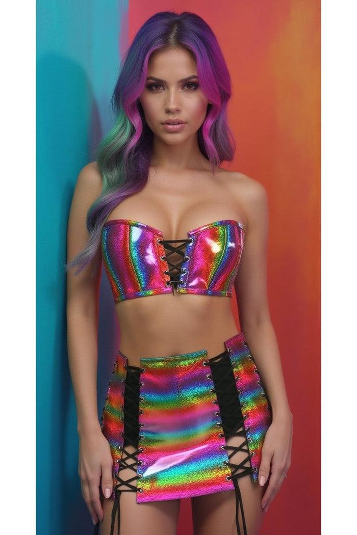Daisy Beachwear Lavish 2 PC Rainbow Glitter Bustier & Skirt Set