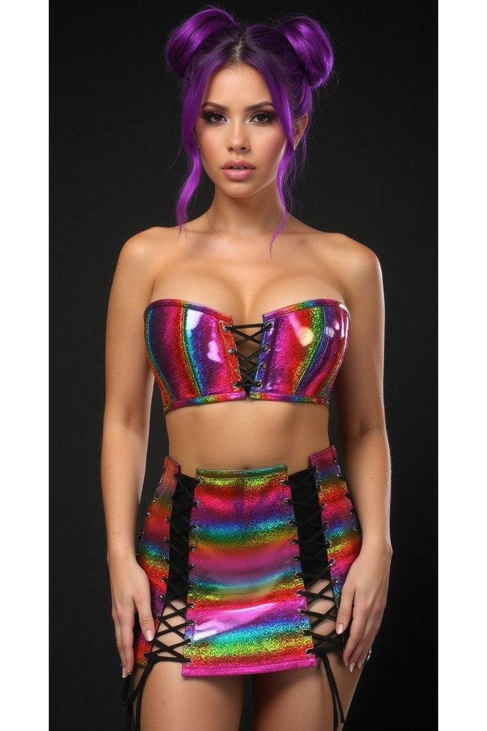 Daisy Beachwear Lavish 2 PC Rainbow Glitter Bustier & Skirt Set