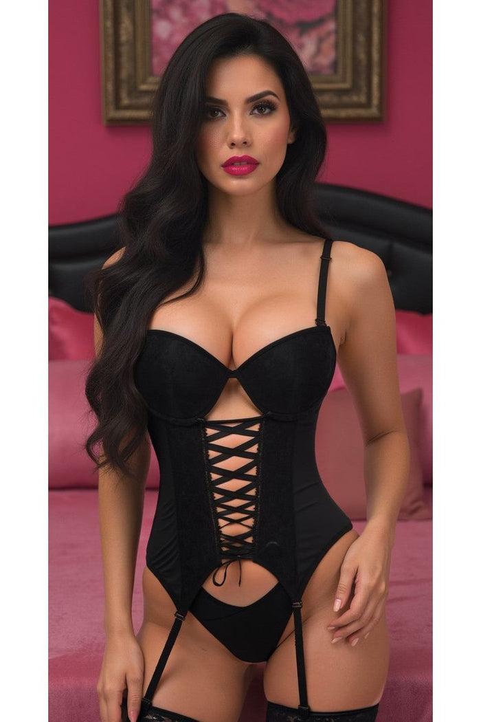 Daisy Beachwear Lavish Black Lycra & Lace Hook & Eye Lace-Up Bustier Corset W/Garters