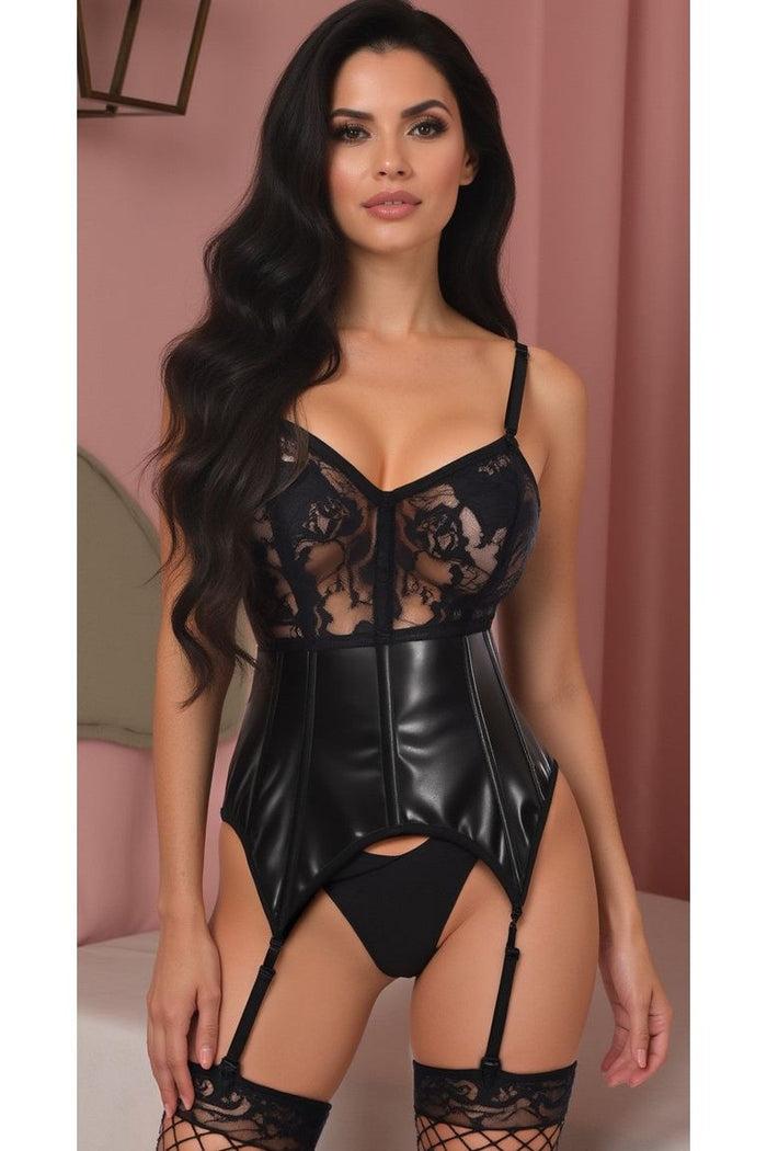 Daisy Beachwear Lavish Black Wet Look & Lace Bustier Corset W/Garters