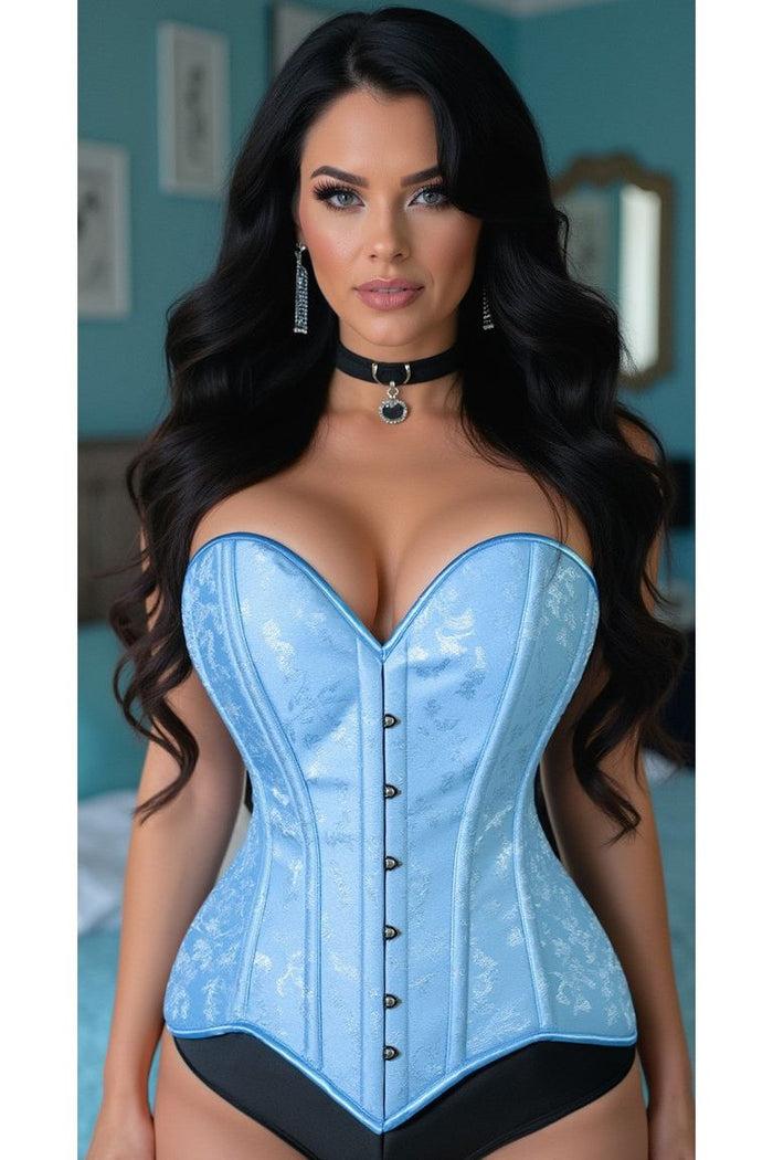 daisy beachwear Lavish Lt Blue Brocade Overbust Corset W/Busk Closure