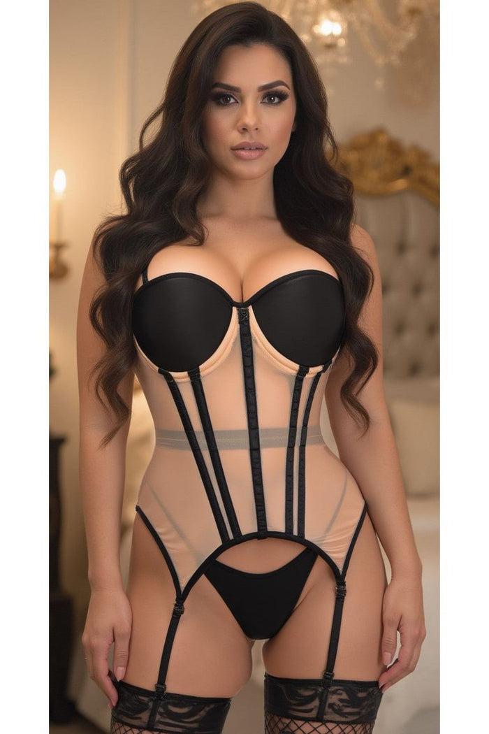Daisy Beachwear Lavish Nude/Black Mesh Underwire Bustier Corset W/Garters