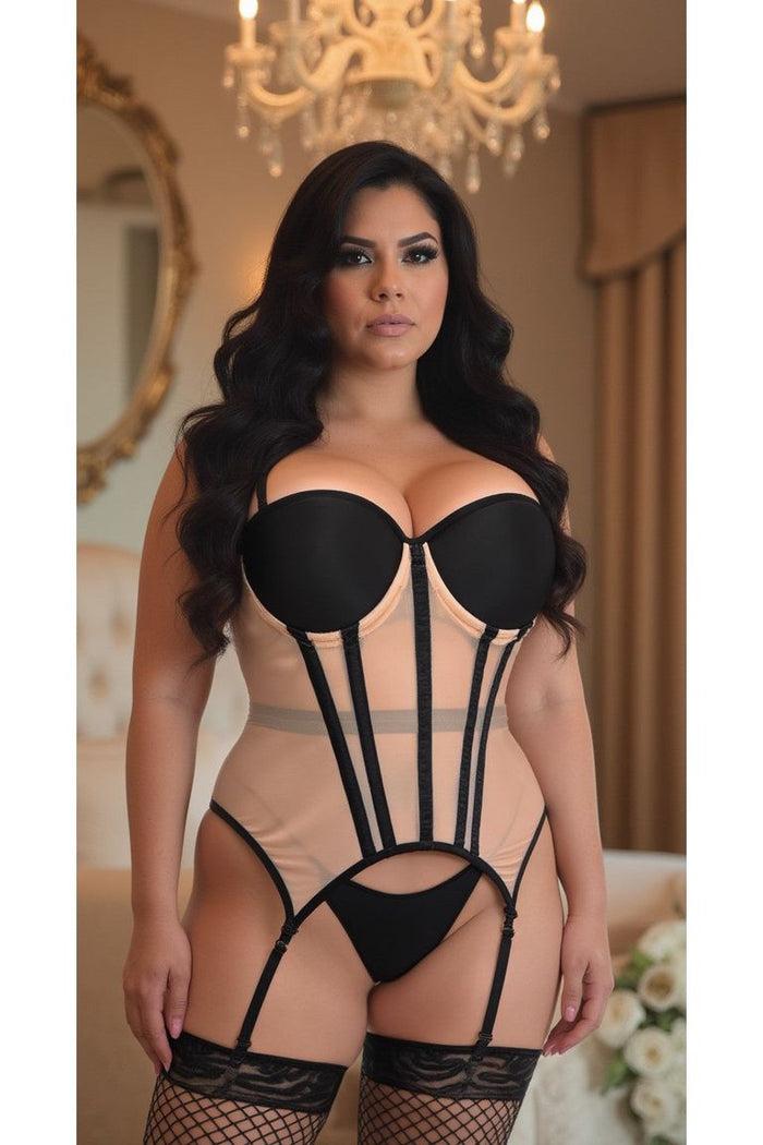 Daisy Beachwear Lavish Nude/Black Mesh Underwire Bustier Corset W/Garters