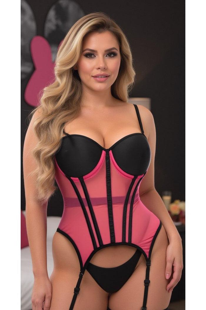 Daisy Beachwear Lavish Pink/Black Mesh Underwire Bustier Corset W/Garters