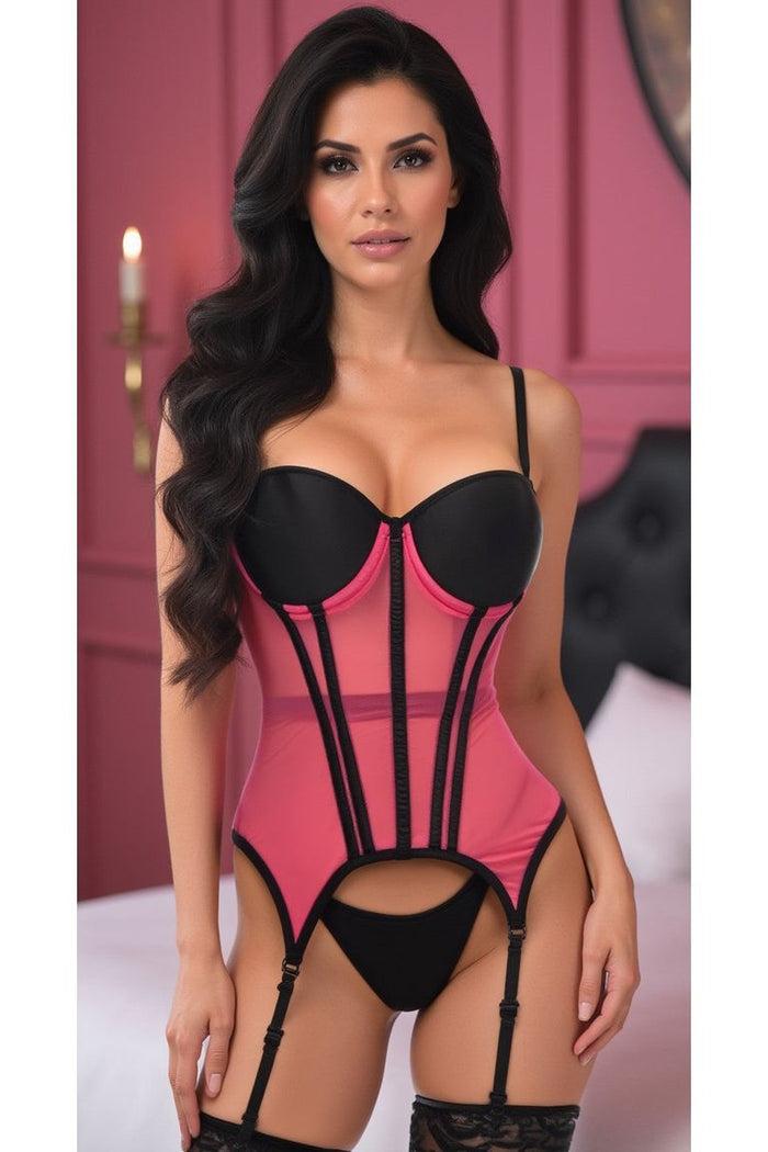 daisy beachwear Lavish Pink/Black Mesh Underwire Bustier Corset w/Garters