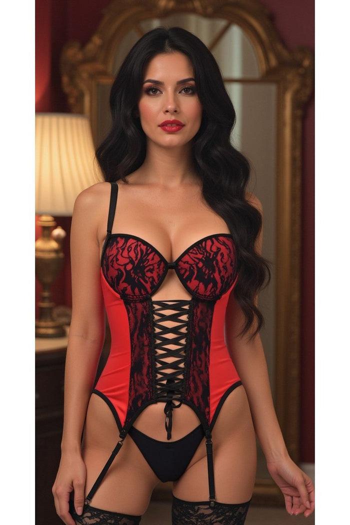 Daisy Beachwear Lavish Red/Black Lycra & Lace Hook & Eye Lace-Up Bustier Corset W/Garters