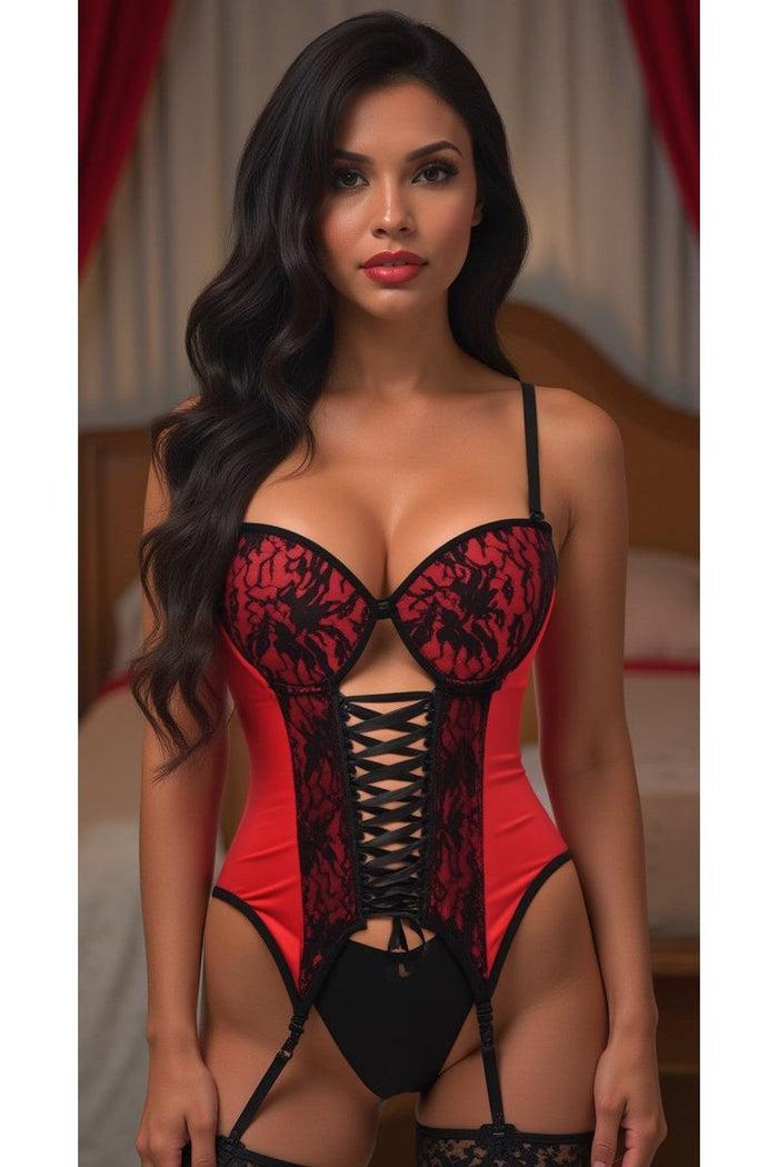 Daisy Beachwear Lavish Red/Black Lycra & Lace Hook & Eye Lace-Up Bustier Corset W/Garters