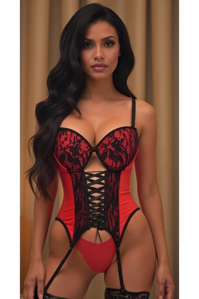 Daisy Beachwear Lavish Red/Black Lycra & Lace Hook & Eye Lace-Up Bustier Corset W/Garters