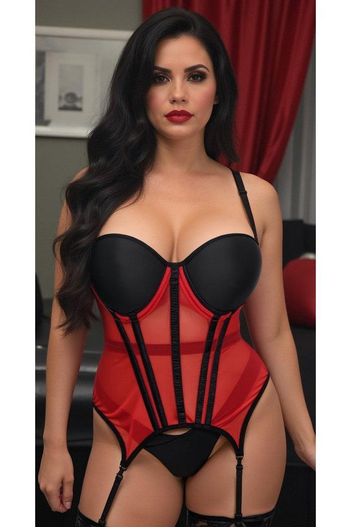 Daisy Beachwear Lavish Red/Black Mesh Underwire Bustier Corset W/Garters