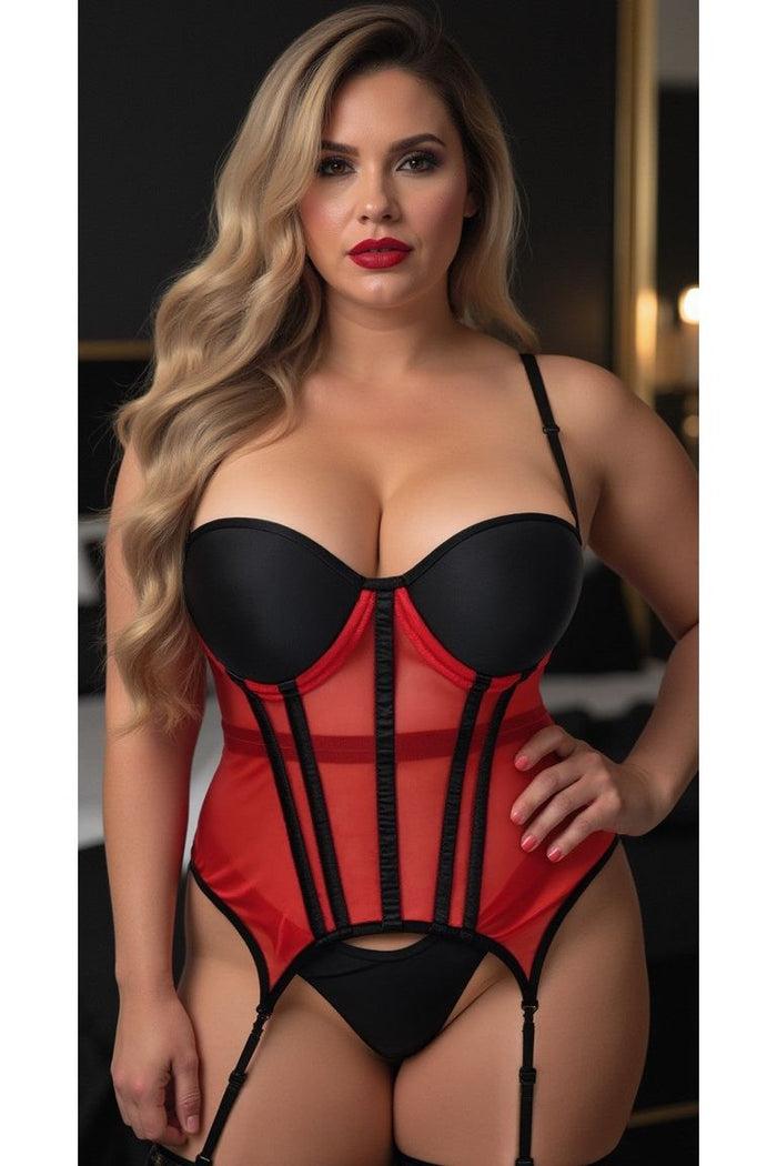 Daisy Beachwear Lavish Red/Black Mesh Underwire Bustier Corset W/Garters