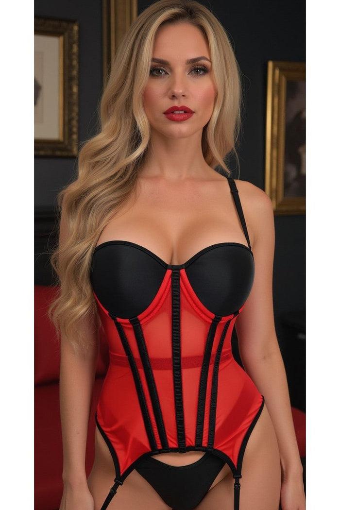 Daisy Beachwear Lavish Red/Black Mesh Underwire Bustier Corset W/Garters
