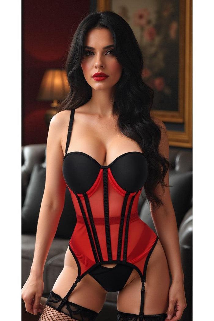 daisy beachwear Lavish Red/Black Mesh Underwire Bustier Corset w/Garters