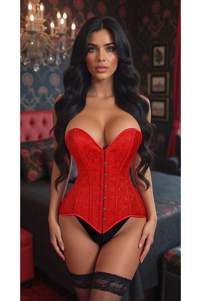 daisy beachwear Lavish Red Brocade Overbust Corset W/Busk Closure