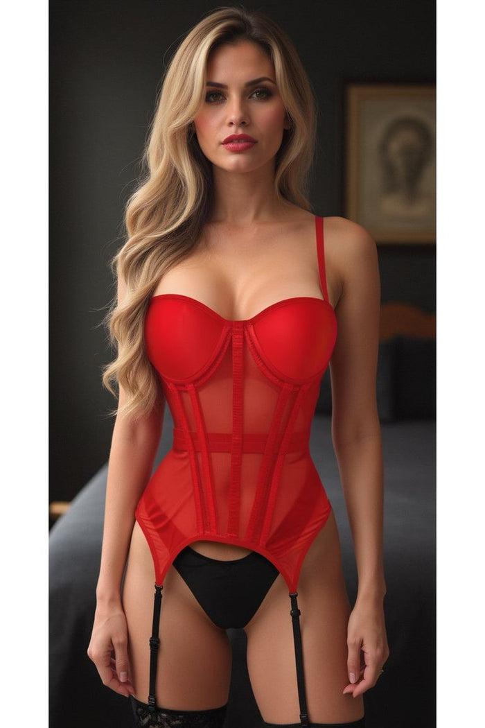 daisy beachwear Lavish Red Mesh Underwire Bustier Corset w/Garters