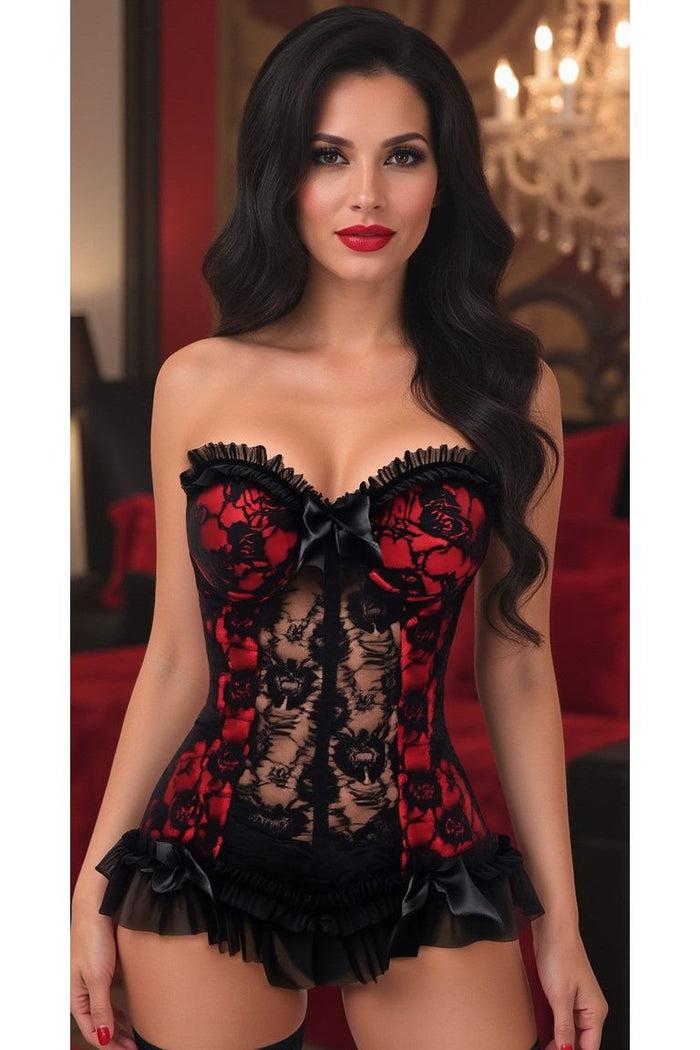 Daisy Beachwear Lavish Red W/Black Lace & Lycra Hook & Eye Stretch Bustier Corset