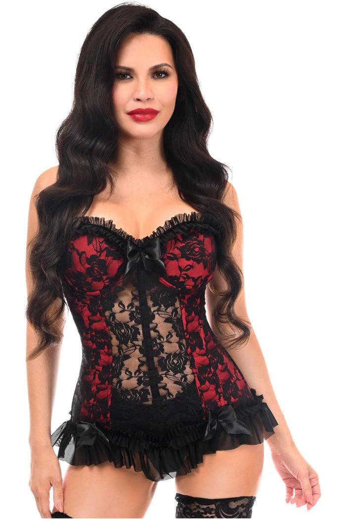 Daisy Beachwear Lavish Red W/Black Lace & Lycra Hook & Eye Stretch Bustier Corset