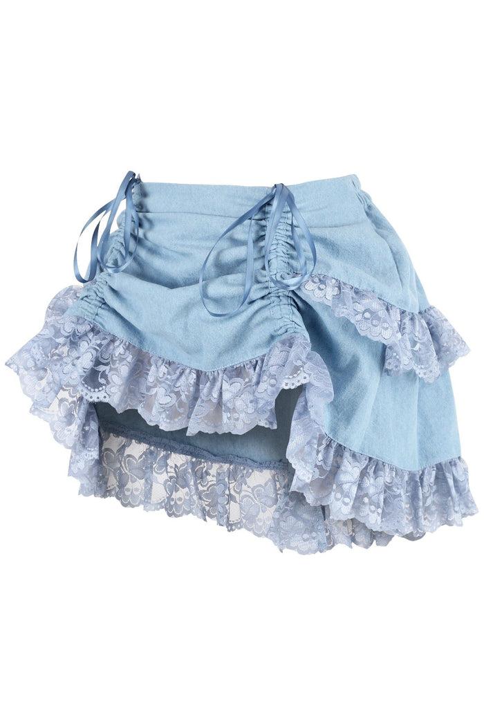 Daisy Beachwear Light Blue Denim Ruched Bustle Skirt W/Lace