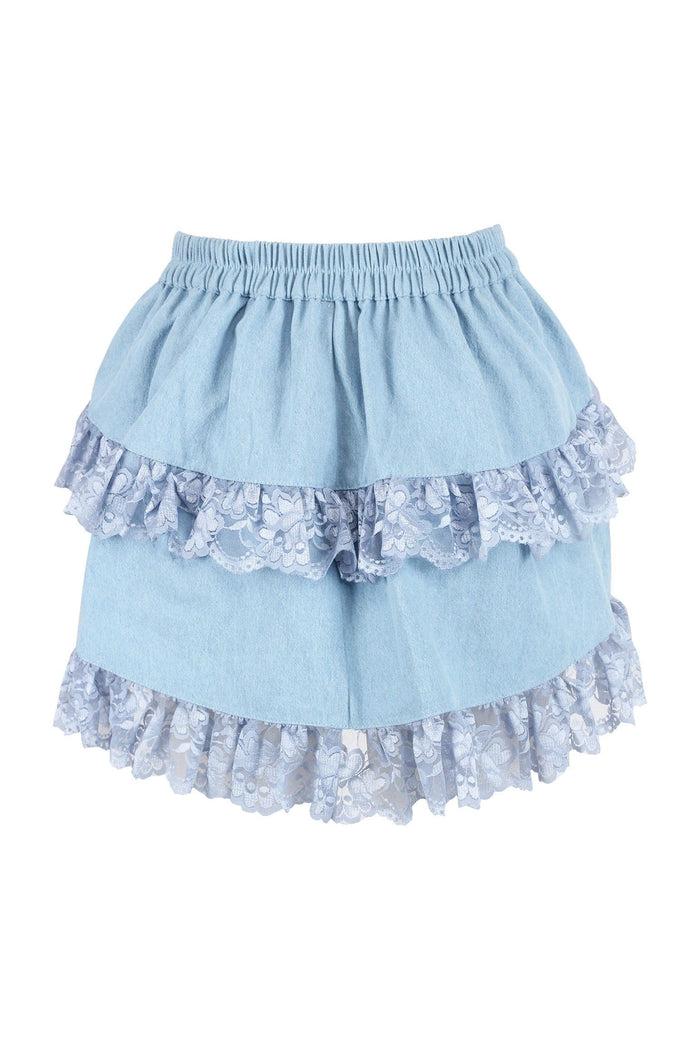 Daisy Beachwear Light Blue Denim Ruched Bustle Skirt W/Lace