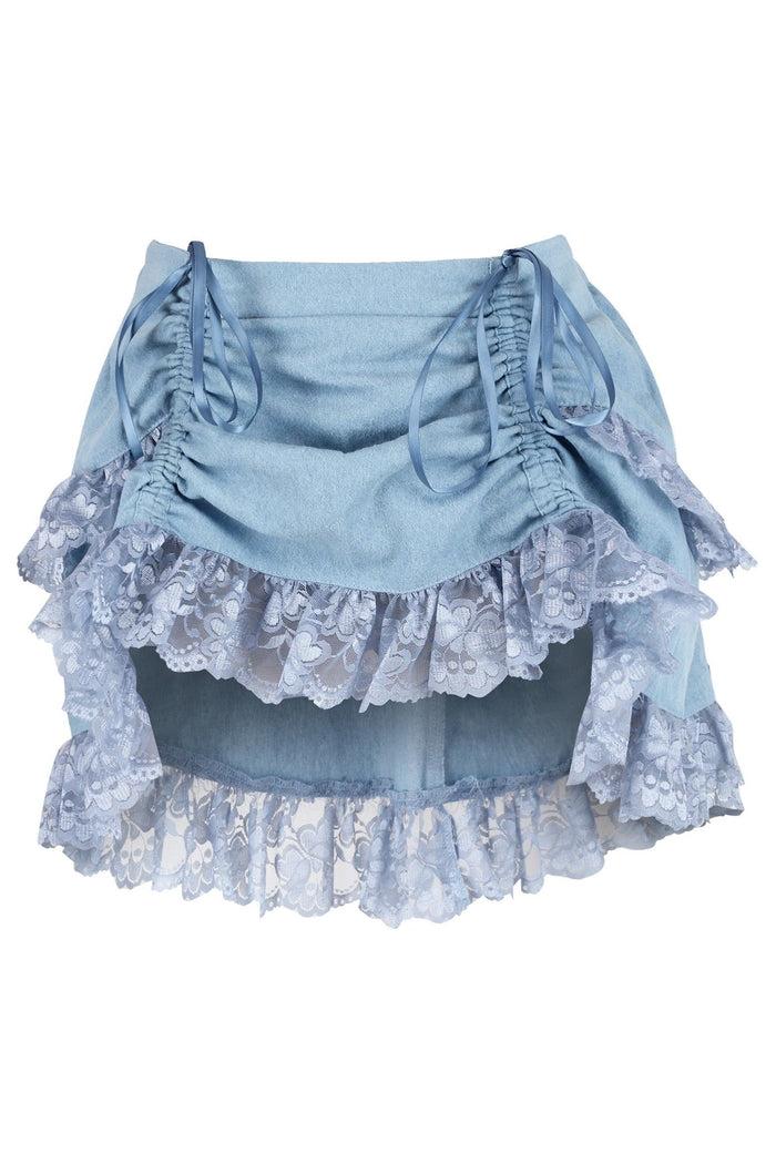 daisy beachwear Light Blue Denim Ruched Bustle Skirt w/Lace