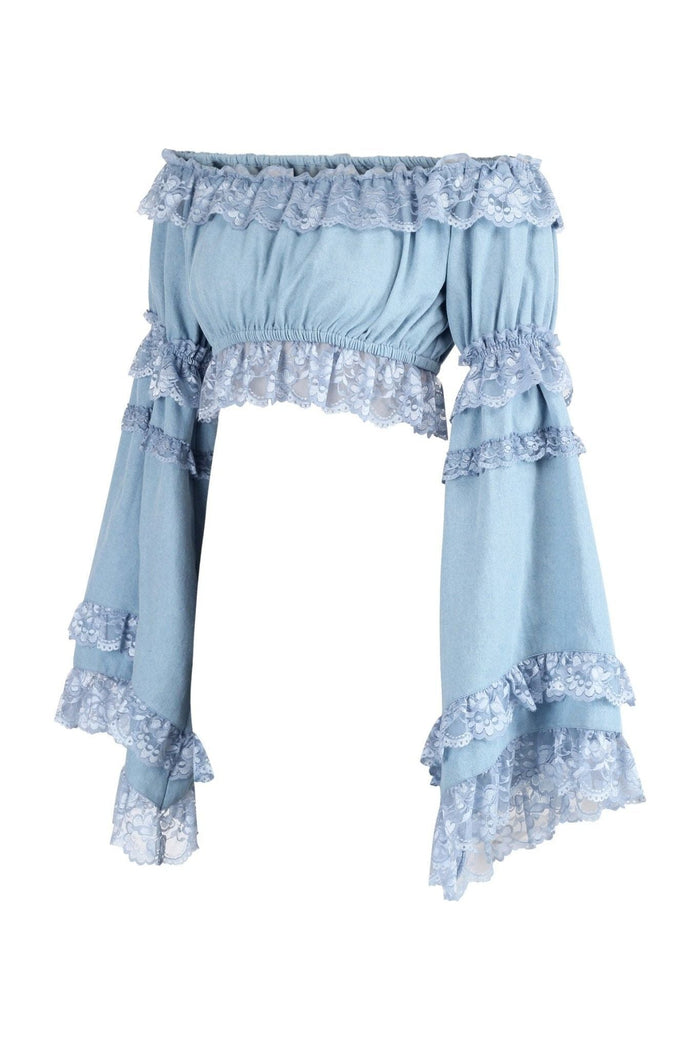 Daisy Beachwear Light Blue Denim Smocked Flare Sleeve Peasant Top