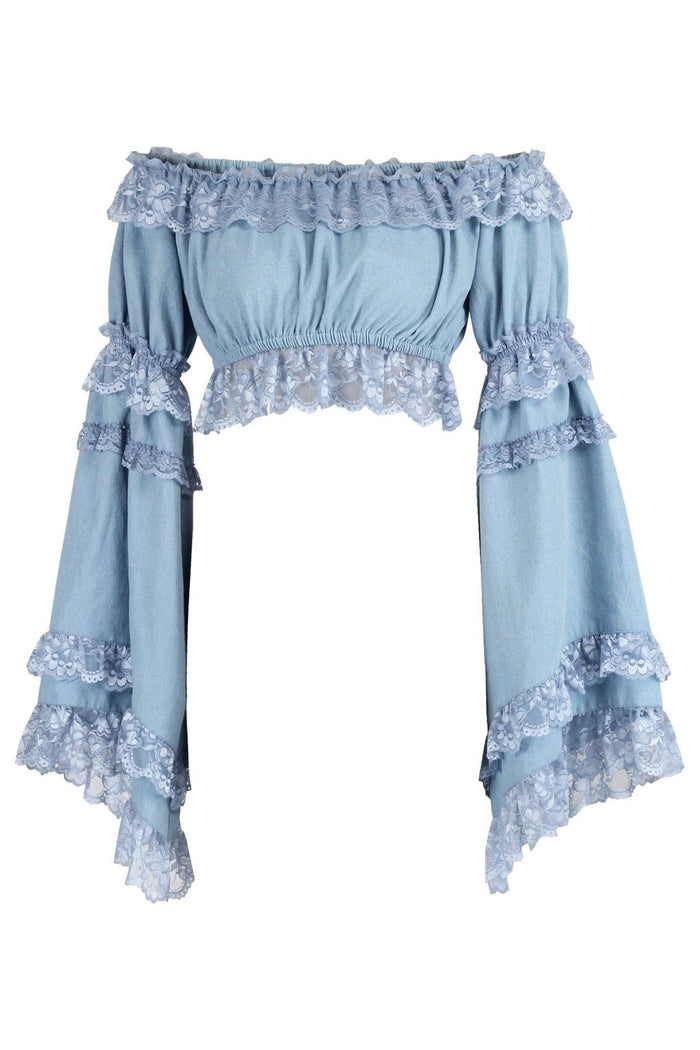 daisy beachwear Light Blue Denim Smocked Flare Sleeve Peasant Top