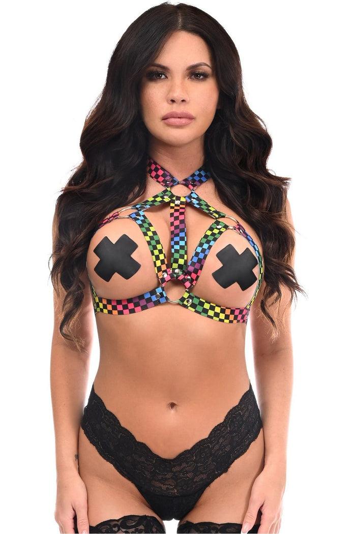 daisy beachwear Rainbow Checker Print Stretchy Body Harness w/Silver Hardware