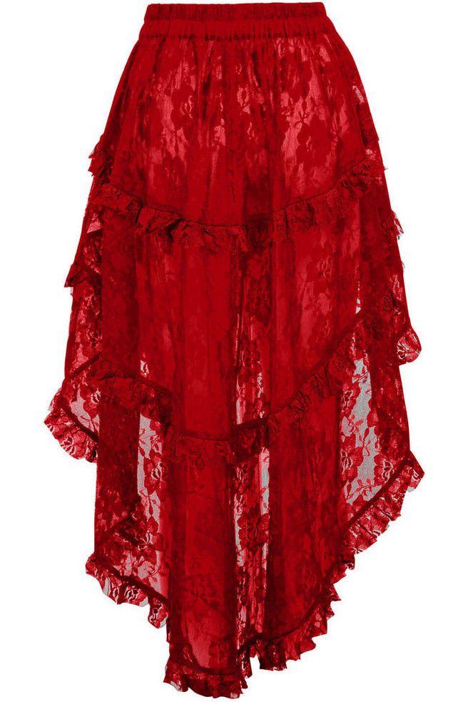 Daisy Beachwear Red Lace Ruched Front High Low Lace Skirt