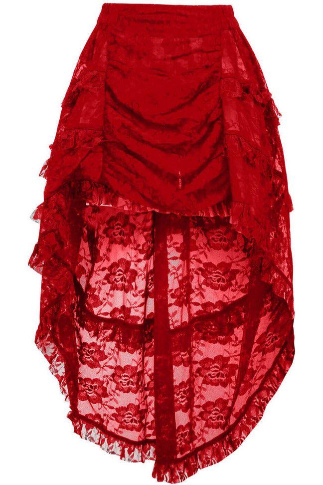 daisy beachwear Red Lace Ruched Front High Low Lace Skirt