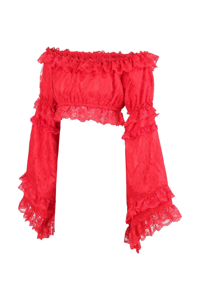 Daisy Beachwear Red Lace Smocked Flare Sleeve Peasant Top